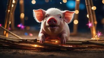 A cute piglet smiling in a cozy setting with twinkling lights. photo