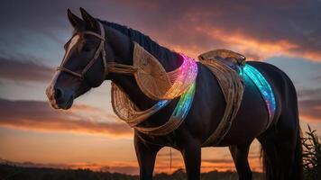 A horse adorned with colorful lights against a sunset backdrop. photo