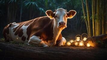 A serene cow resting beside glowing lanterns in a lush, bamboo-filled environment. photo