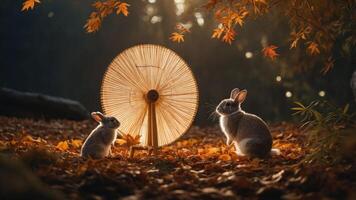 Two rabbits sit near a decorative fan in a serene autumn setting with fallen leaves. photo