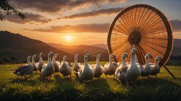 A serene sunset scene with geese gathered near a large decorative fan. photo