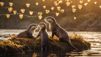 Three otters on a mossy island with heart-shaped lights in a serene setting. photo