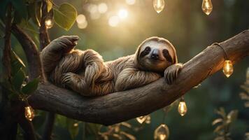 A sloth lounging on a tree branch adorned with lights in a serene forest setting. photo