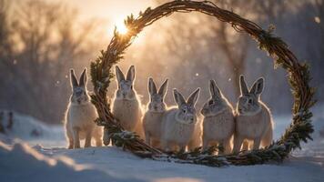 A group of rabbits gathered around a decorative wreath in a snowy landscape at sunset. photo