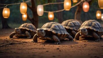 Four tortoises on a sandy ground, illuminated by glowing lanterns in a serene setting. photo