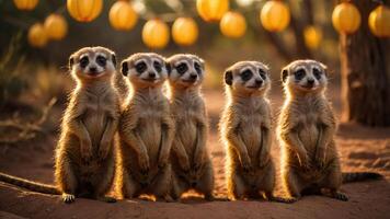 A group of five meerkats standing together in a warm, illuminated setting with lanterns. photo