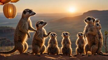 A group of meerkats stands together at sunset, creating a warm and playful atmosphere. photo