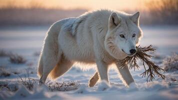 A majestic white wolf walking through the snowy landscape, carrying a twig in its mouth. photo