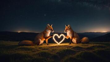 Two foxes creating a heart shape with sparklers under a starry night sky. photo