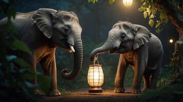 Two elephants interacting with a lantern in a serene, wooded environment. photo