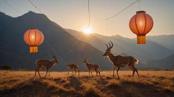 A serene landscape with deer and lanterns at sunset in a mountainous region. photo