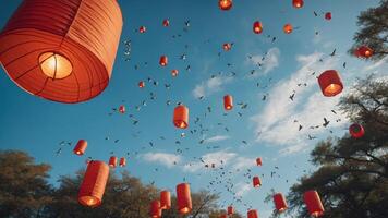 A sky filled with floating red lanterns and birds, creating a festive atmosphere. photo