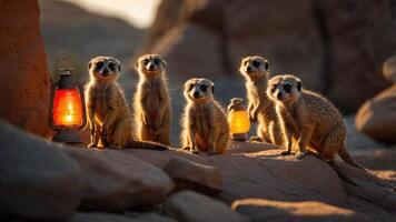 A group of meerkats gathered around glowing lanterns in a rocky desert landscape. photo