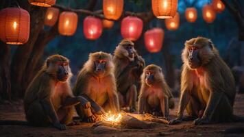 A group of baboons gathered around a small fire under lanterns in a serene evening setting. photo