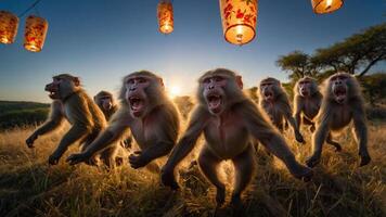 A group of baboons running through a grassy field under lanterns at sunset. photo