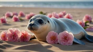 A seal resting on the beach surrounded by pink flowers, creating a serene and playful scene. photo