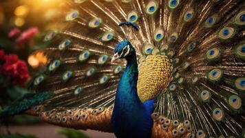 A vibrant peacock displaying its colorful feathers amidst a natural backdrop. photo