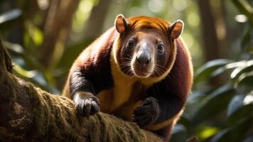 A close-up of a tree kangaroo perched on a branch in a lush forest environment. photo