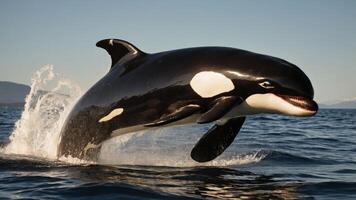An orca leaps out of the ocean, showcasing its powerful form against a scenic backdrop. photo