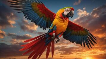A vibrant parrot in flight against a colorful sunset backdrop. photo