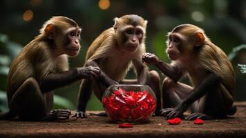 Three monkeys curiously explore a bowl of rose petals in a lush green setting. photo