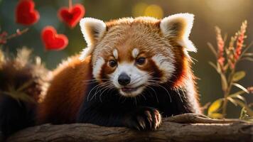 A cute red panda resting on a log with heart decorations in a warm, vibrant setting. photo