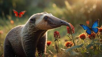 A gentle creature in a vibrant field, surrounded by colorful butterflies and flowers. photo