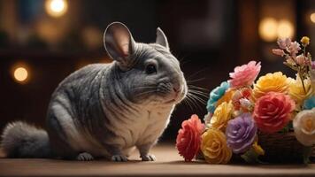 A cute gray chinchilla sits beside a colorful bouquet of flowers in a cozy setting. photo