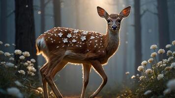 A serene fawn surrounded by flowers in a misty forest, capturing nature's beauty. photo