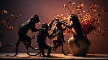 Four monkeys interact playfully around a vase with flowers in a warm-lit setting. photo