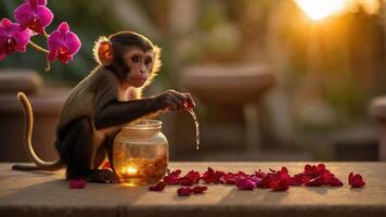A monkey playfully interacting with a jar amidst scattered flower petals at sunset. photo