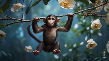 A young monkey hanging from a branch surrounded by flowers in a lush forest setting. photo