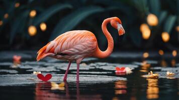 A vibrant flamingo stands in water surrounded by floating hearts and soft lights. photo