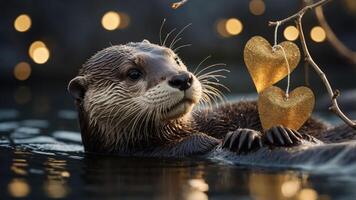 A playful otter floats in water, holding golden heart ornaments, surrounded by soft bokeh lights. photo