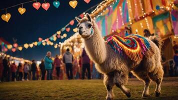A festive scene featuring a decorated llama at a vibrant fair with colorful lights. photo