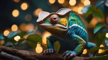 A vibrant chameleon perched on a branch with a blurred, glowing background. photo