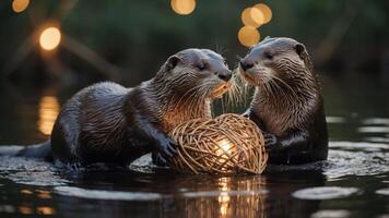 Two otters play with a woven ball in a serene water setting illuminated by soft lights. photo