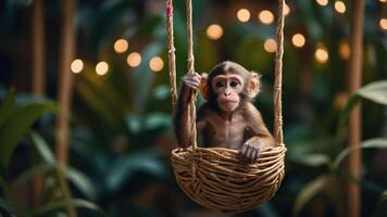 A monkey sitting in a woven basket surrounded by greenery and soft lights. photo