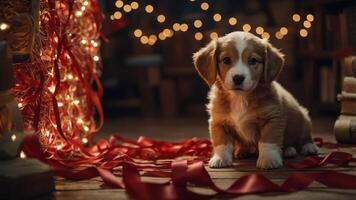 A cute puppy surrounded by festive decorations and ribbons in a cozy setting. photo