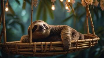 A sloth relaxes in a bamboo swing surrounded by lush greenery and soft lighting. photo