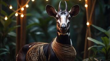 A serene okapi stands adorned with ropes amidst lush greenery and soft glowing lights. photo