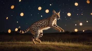 A serval leaps gracefully under a starry sky, surrounded by glowing orbs of light. photo