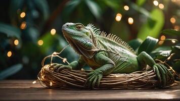 A green iguana resting on a woven nest surrounded by soft lights and lush foliage. photo