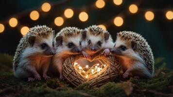 Four hedgehogs around a heart-shaped light display, creating a warm, cozy atmosphere. photo