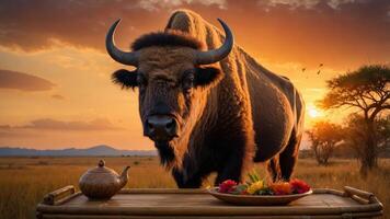 A bison stands beside a table with a teapot and colorful fruits against a sunset backdrop. photo
