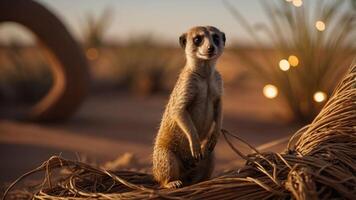 A meerkat stands on a natural setting, showcasing its curious expression in a desert environment. photo