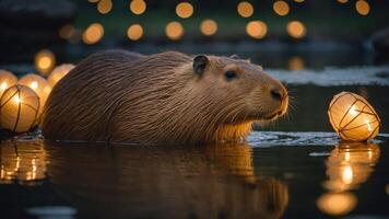 A capybara floats in a serene pond surrounded by glowing lanterns at dusk. photo