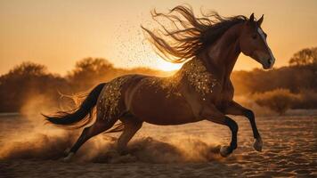 A majestic horse galloping through a sandy landscape at sunset, creating a dynamic scene. photo