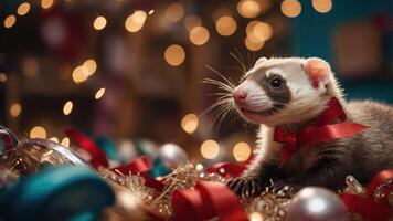 A playful ferret adorned with a red ribbon amidst festive decorations and soft lights. photo