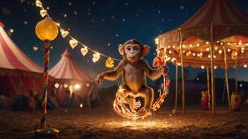 A whimsical scene featuring a monkey jumping rope in a festive carnival setting. photo